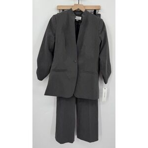 Calvin Klein Pant Suit Set Womens 4 Gray Pinstripe Jacket Wide Leg Office NEW